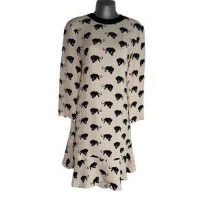 A.L.C. Womens Tiger Print Dress Round Neck Long Sleeve Ruffle Hem White Size S